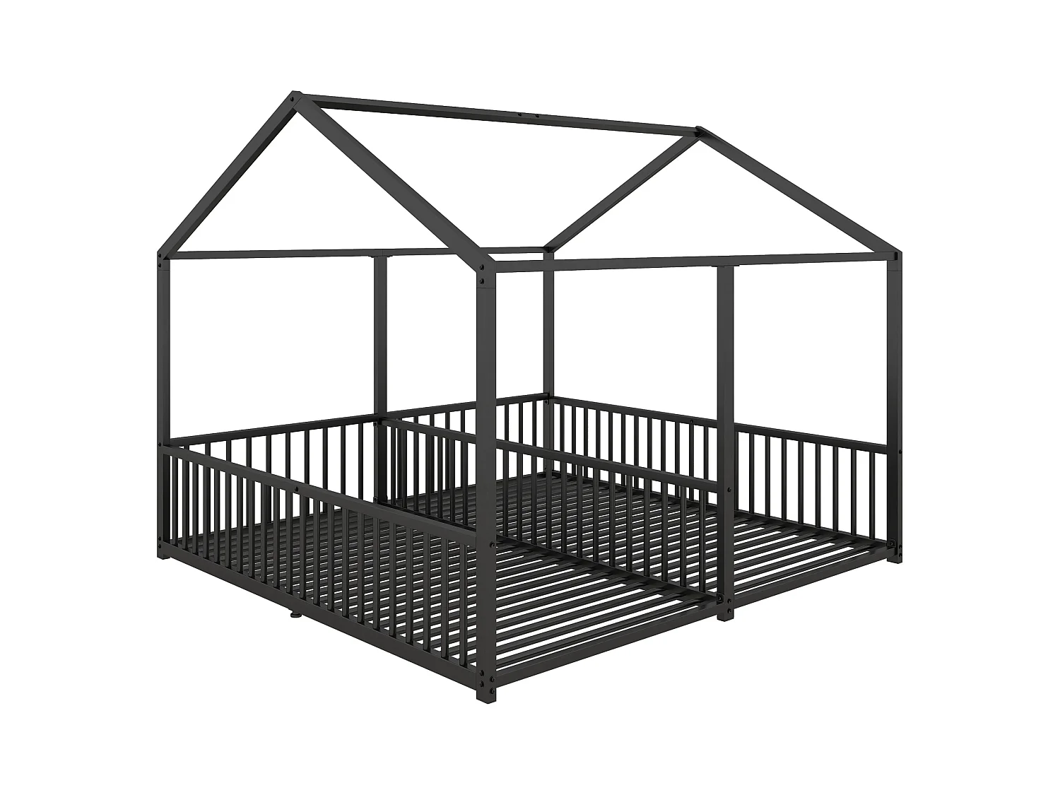 Lit cabane enfant 90x200cm, Lit adulte 2 en 1, lit en métal, barrière de sécurité, sans matelas, fer, noir
