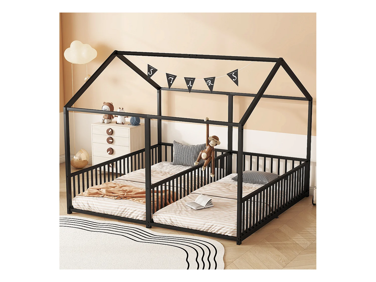 Lit cabane enfant 90x200cm, Lit adulte 2 en 1, lit en métal, barrière de sécurité, sans matelas, fer, noir