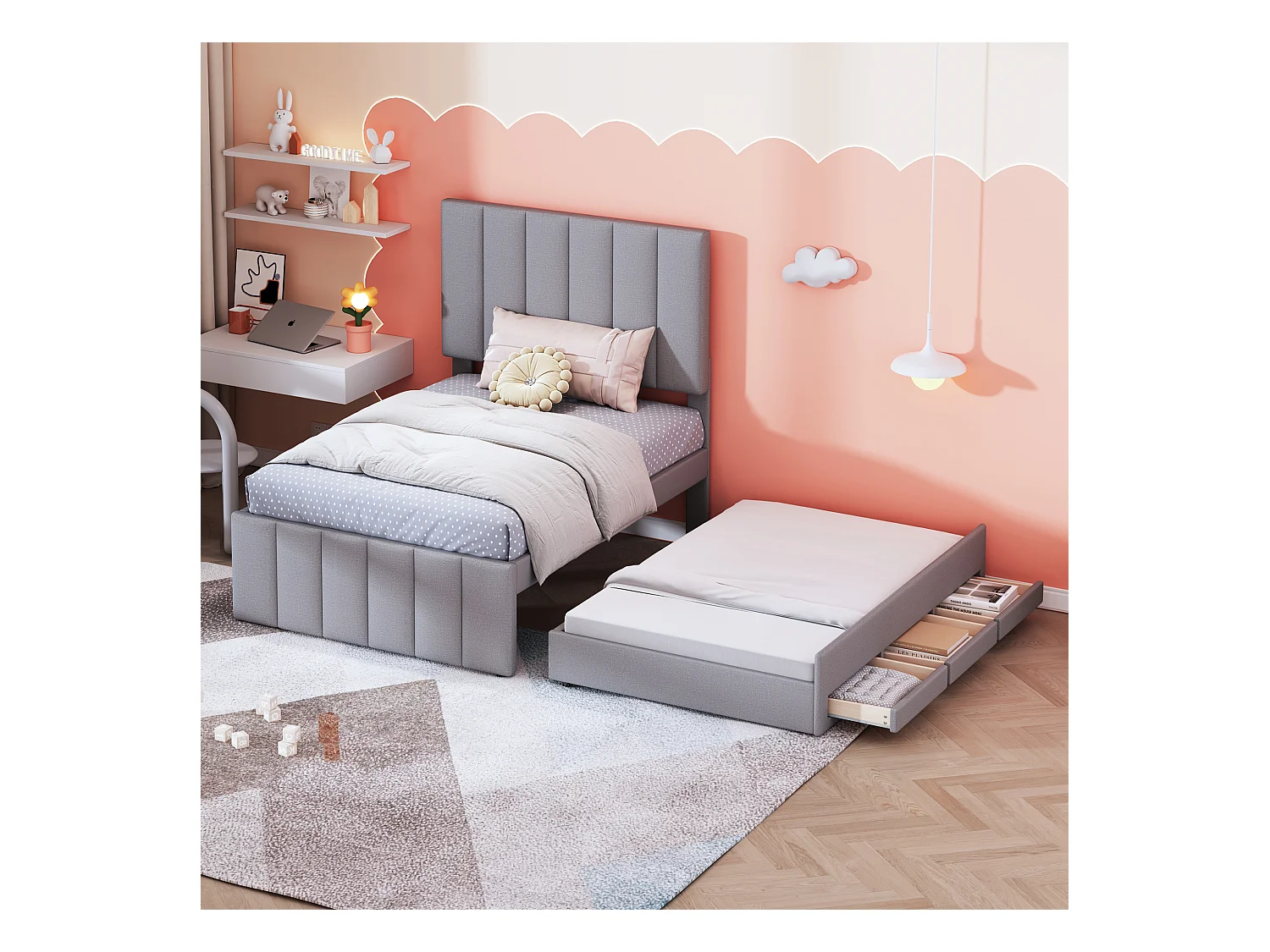 Letto imbottito per bambini 90x200 cm con letto estraibile 90x190 cm con cassetti per contenimento, in lino, senza materasso, grigio