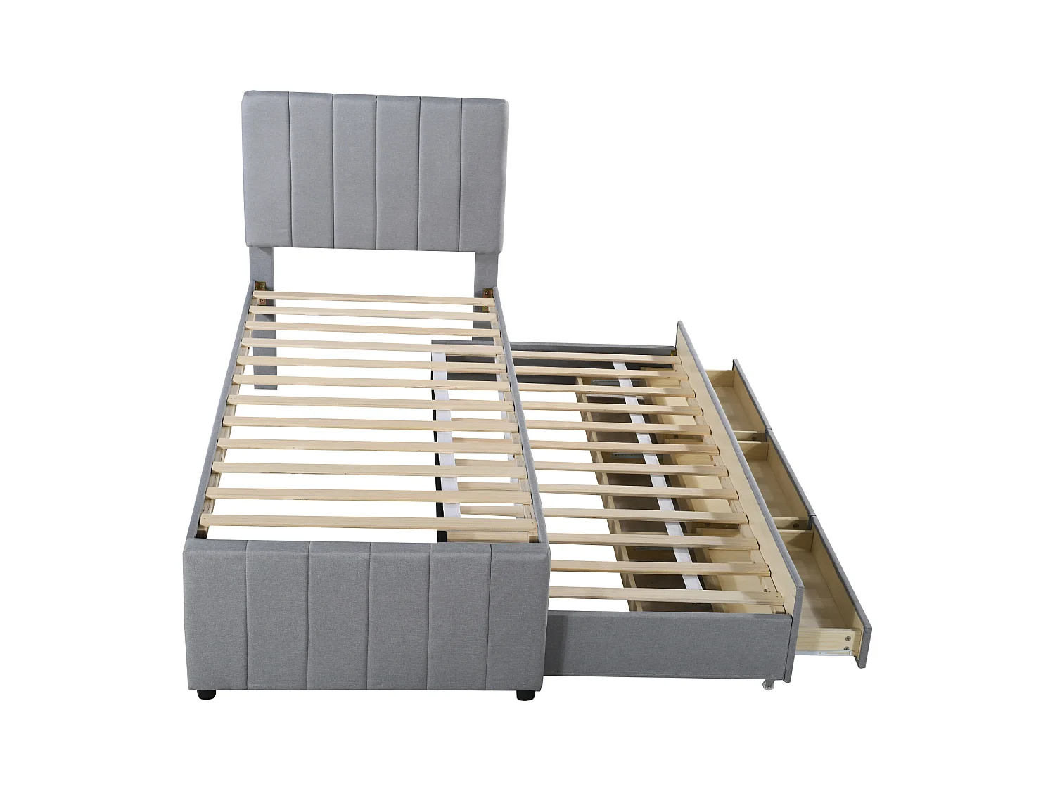 Letto imbottito per bambini 90x200 cm con letto estraibile 90x190 cm con cassetti per contenimento, in lino, senza materasso, grigio