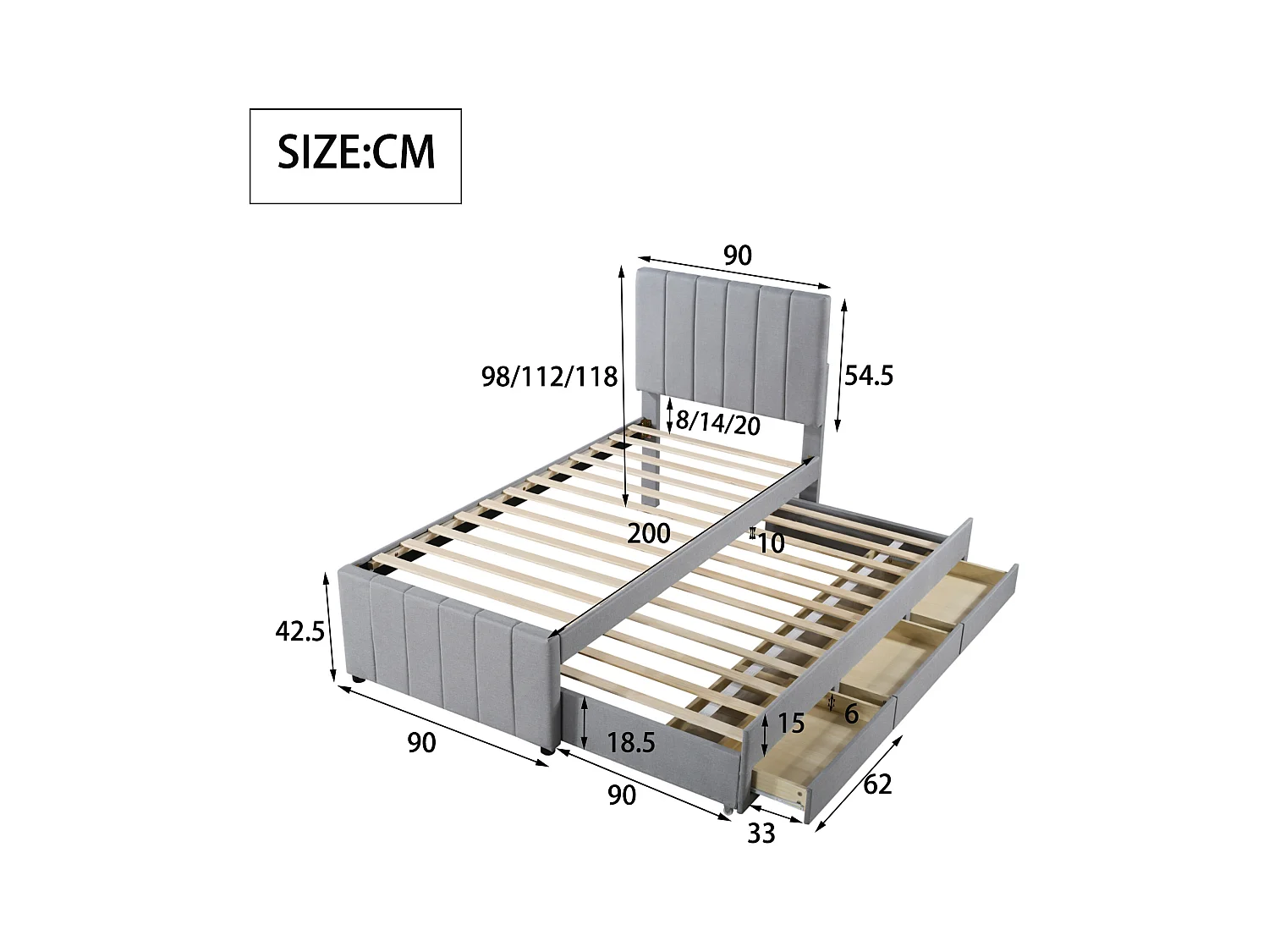 Letto imbottito per bambini 90x200 cm con letto estraibile 90x190 cm con cassetti per contenimento, in lino, senza materasso, grigio