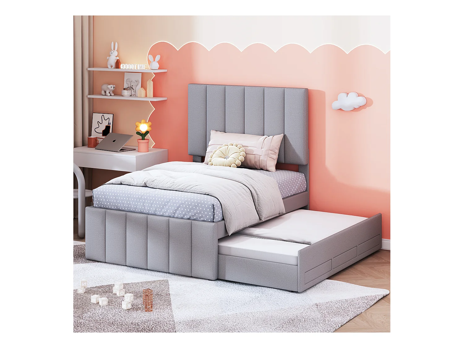 Letto imbottito per bambini 90x200 cm con letto estraibile 90x190 cm con cassetti per contenimento, in lino, senza materasso, grigio
