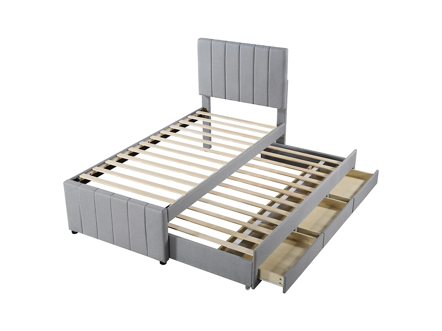 Letto imbottito per bambini 90x200 cm con letto estraibile 90x190 cm con cassetti per contenimento, in lino, senza materasso, grigio