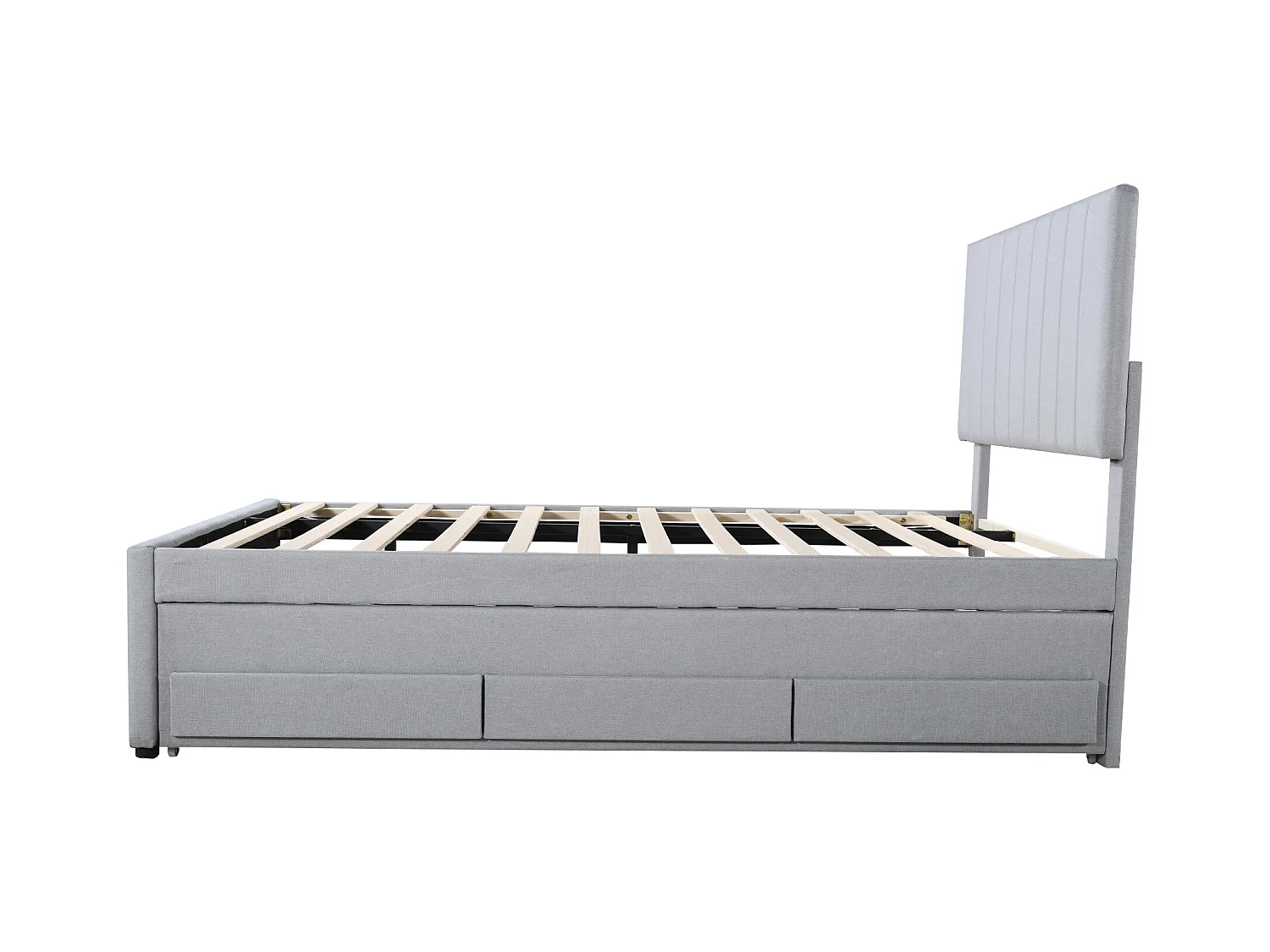 Letto imbottito per bambini 90x200 cm con letto estraibile 90x190 cm con cassetti per contenimento, in lino, senza materasso, grigio