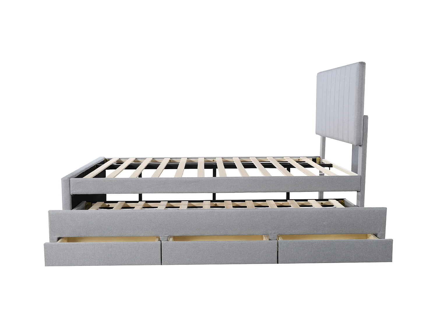 Letto imbottito per bambini 90x200 cm con letto estraibile 90x190 cm con cassetti per contenimento, in lino, senza materasso, grigio