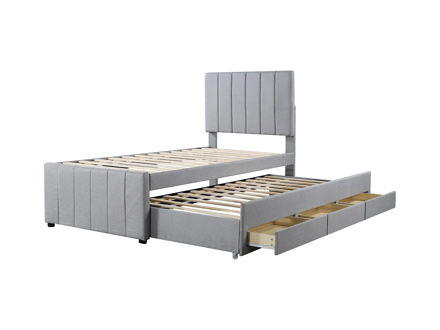Letto imbottito per bambini 90x200 cm con letto estraibile 90x190 cm con cassetti per contenimento, in lino, senza materasso, grigio