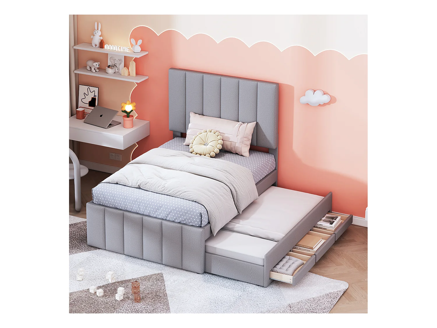 Lit enfant rembourré 90x200 cm avec lit gigogne 90x190cm avec tiroirs de rangement, en lin, sans matelas, gris
