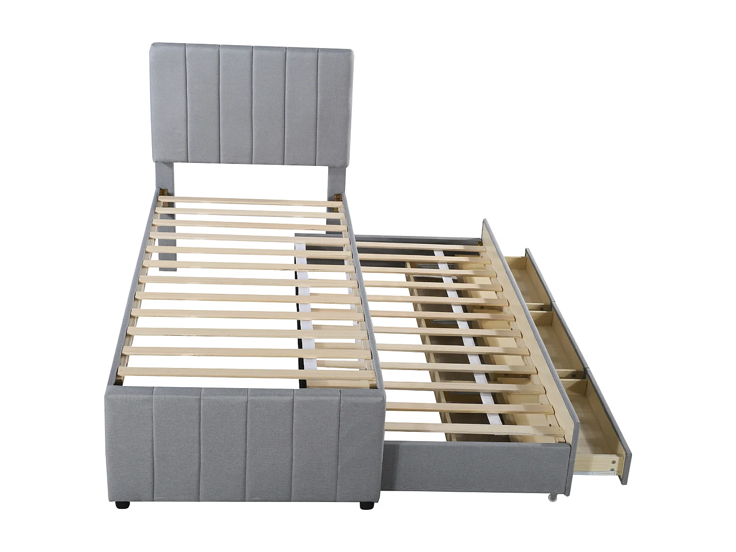 Lit enfant rembourré 90x200 cm avec lit gigogne 90x190cm avec tiroirs de rangement, en lin, sans matelas, gris