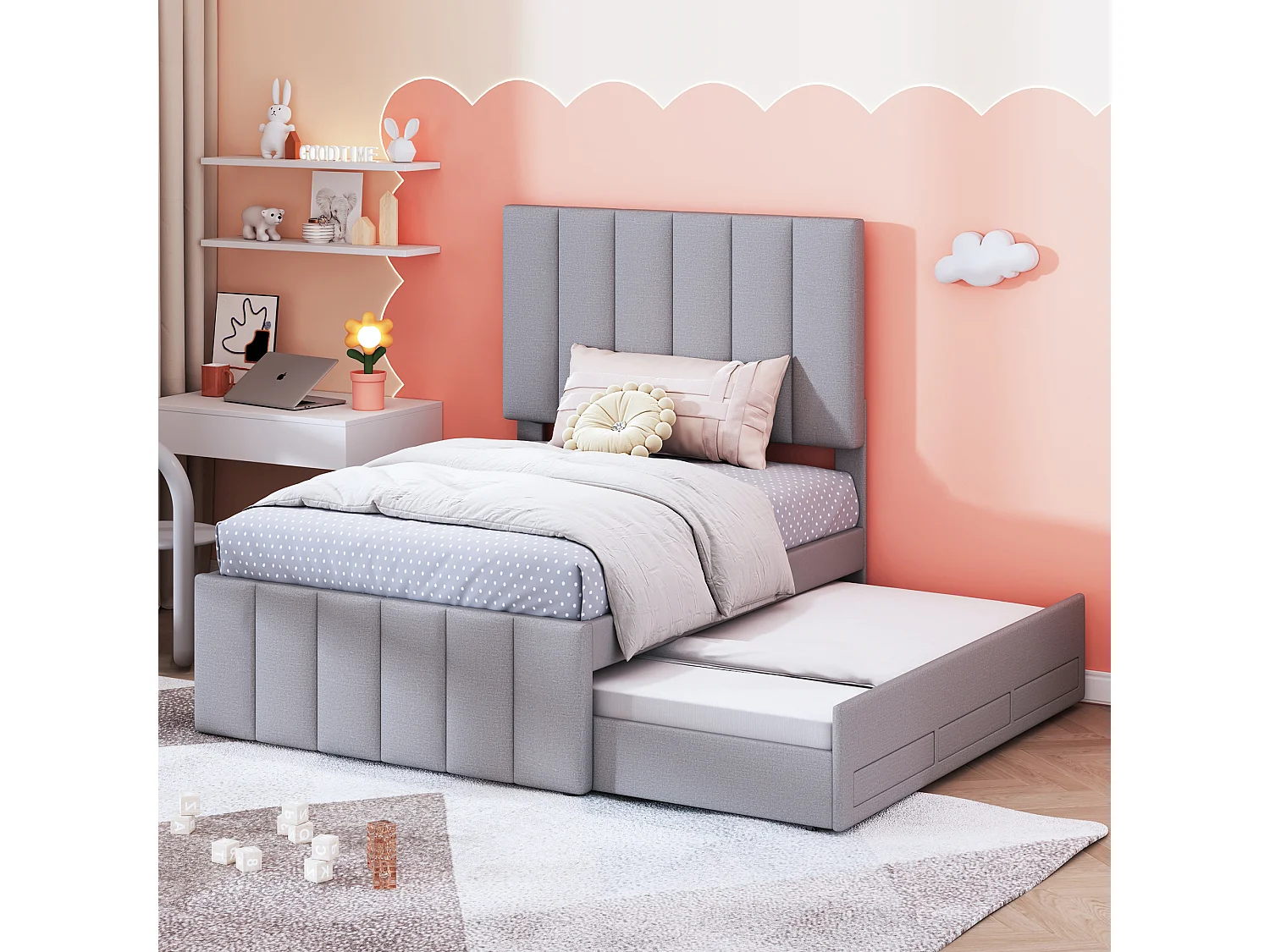 Lit enfant rembourré 90x200 cm avec lit gigogne 90x190cm avec tiroirs de rangement, en lin, sans matelas, gris