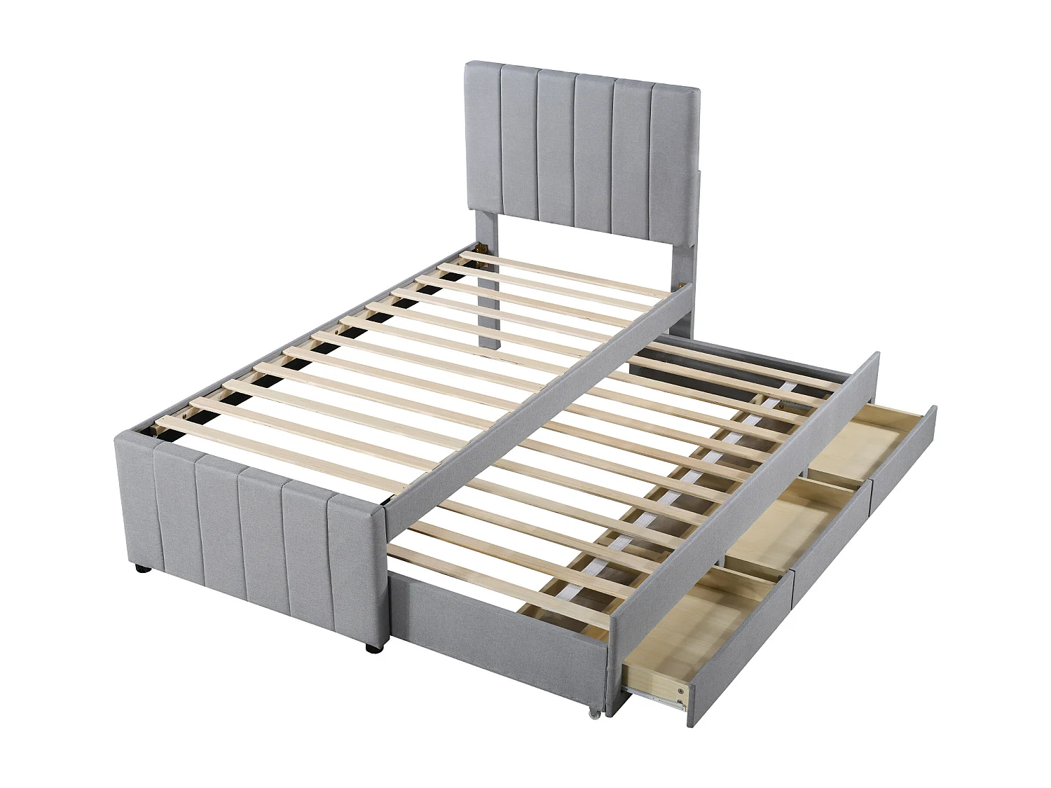 Lit enfant rembourré 90x200 cm avec lit gigogne 90x190cm avec tiroirs de rangement, en lin, sans matelas, gris