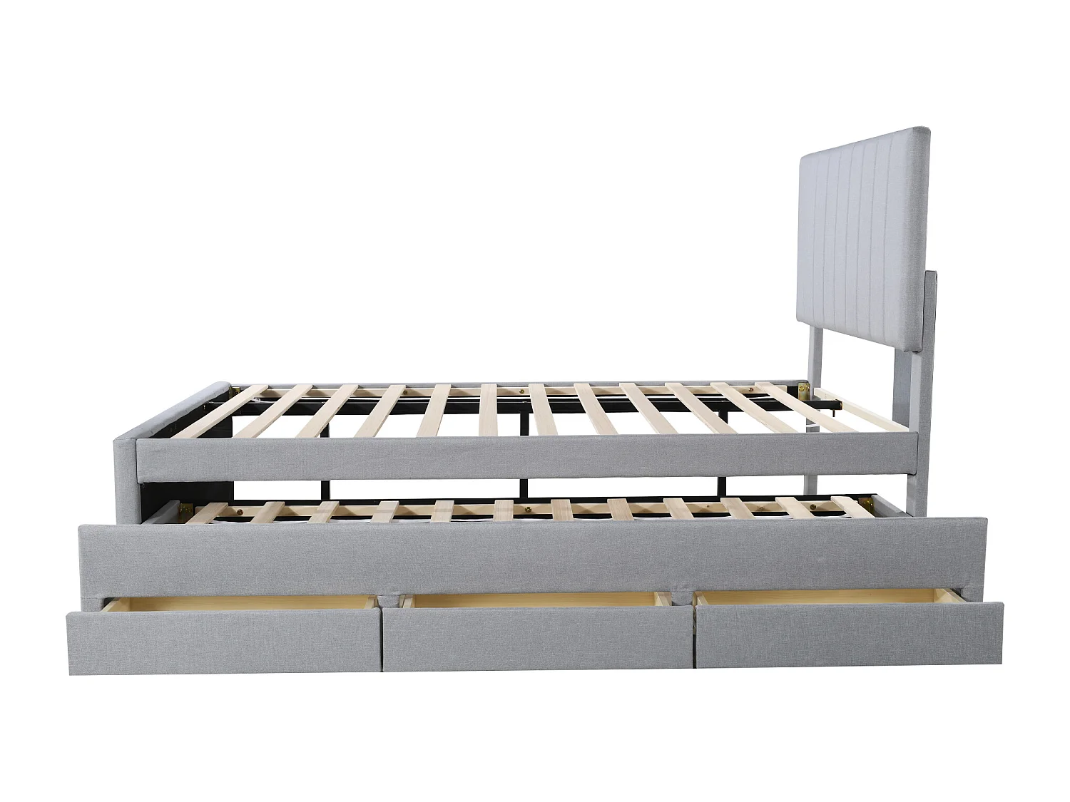 Lit enfant rembourré 90x200 cm avec lit gigogne 90x190cm avec tiroirs de rangement, en lin, sans matelas, gris