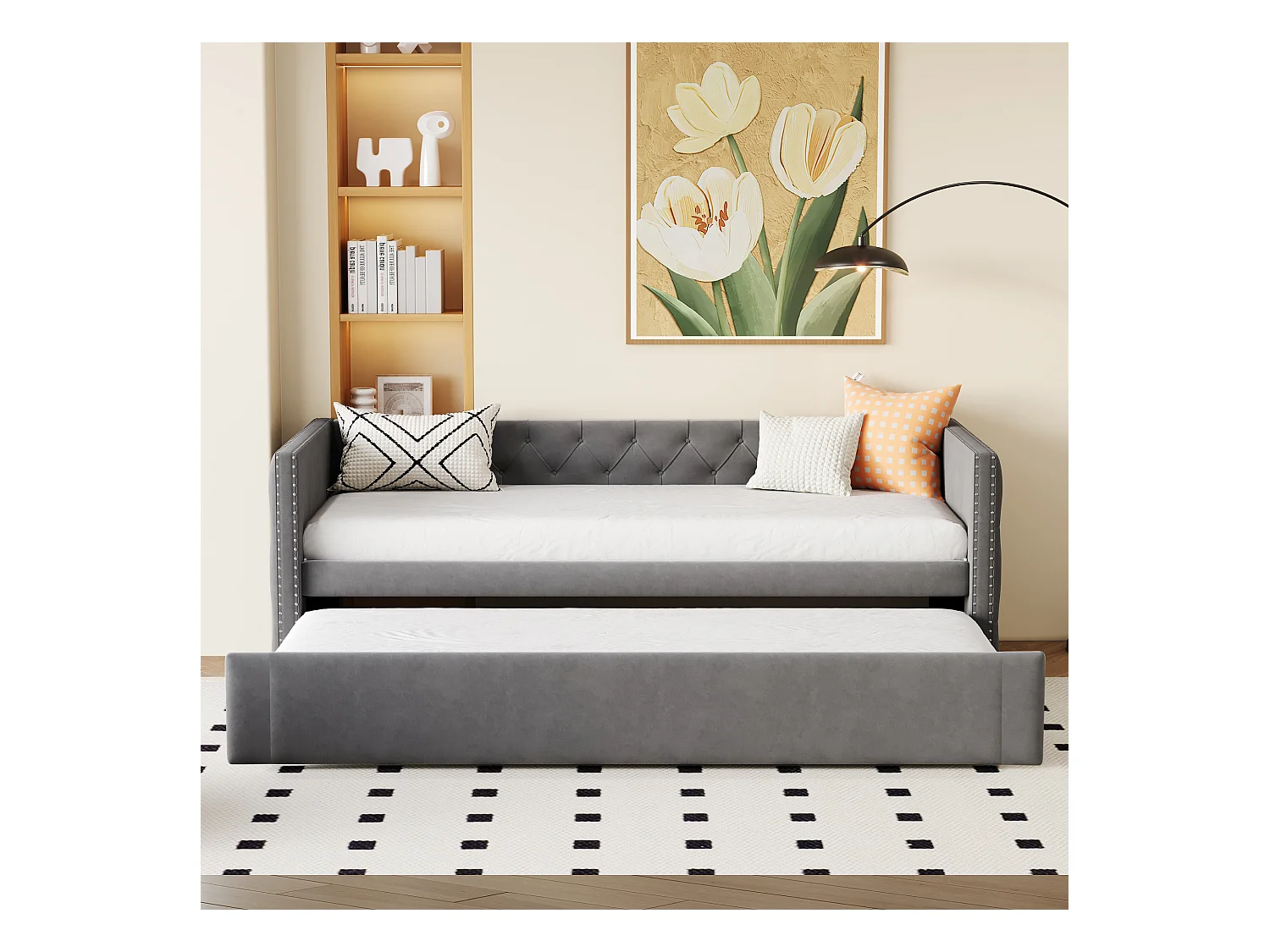 Gestoffeerde slaapbank 90x200 cm, kinder-/volwassenbed van fluweel, zonder matras, donkergrijs