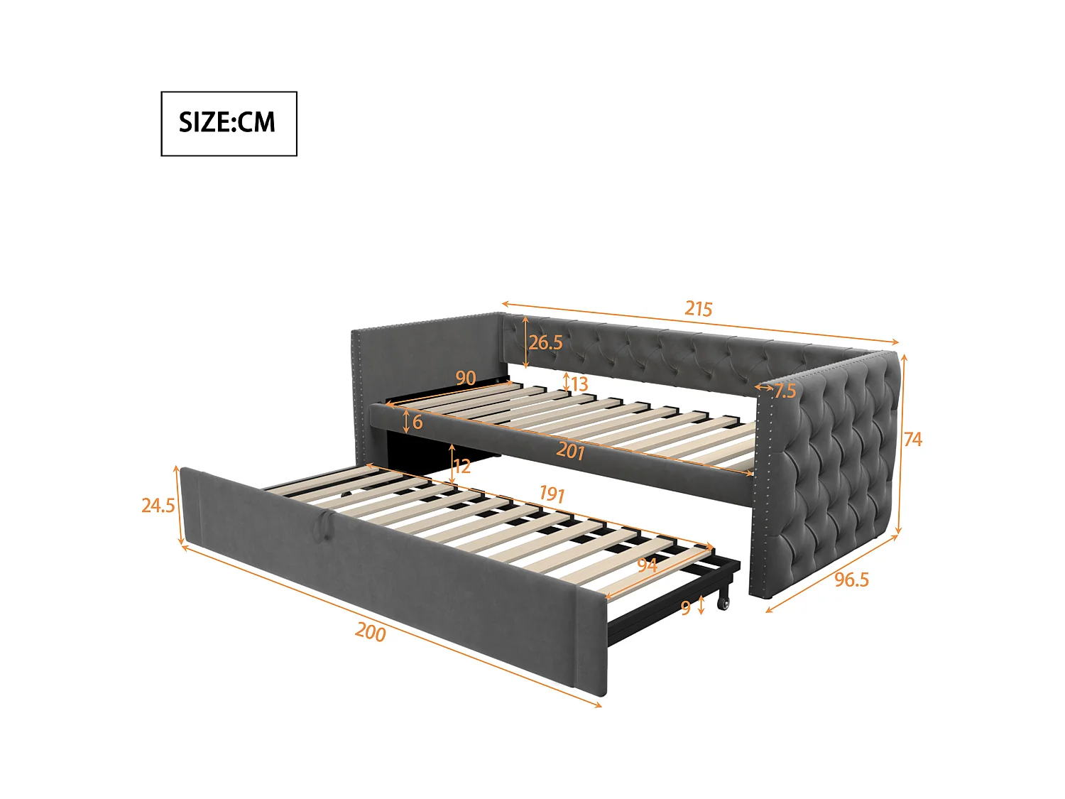 Gestoffeerde slaapbank 90x200 cm, kinder-/volwassenbed van fluweel, zonder matras, donkergrijs