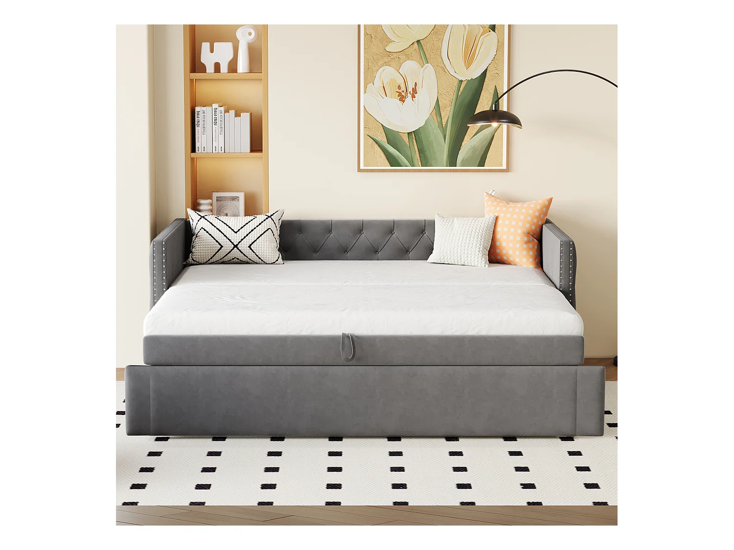 Gestoffeerde slaapbank 90x200 cm, kinder-/volwassenbed van fluweel, zonder matras, donkergrijs