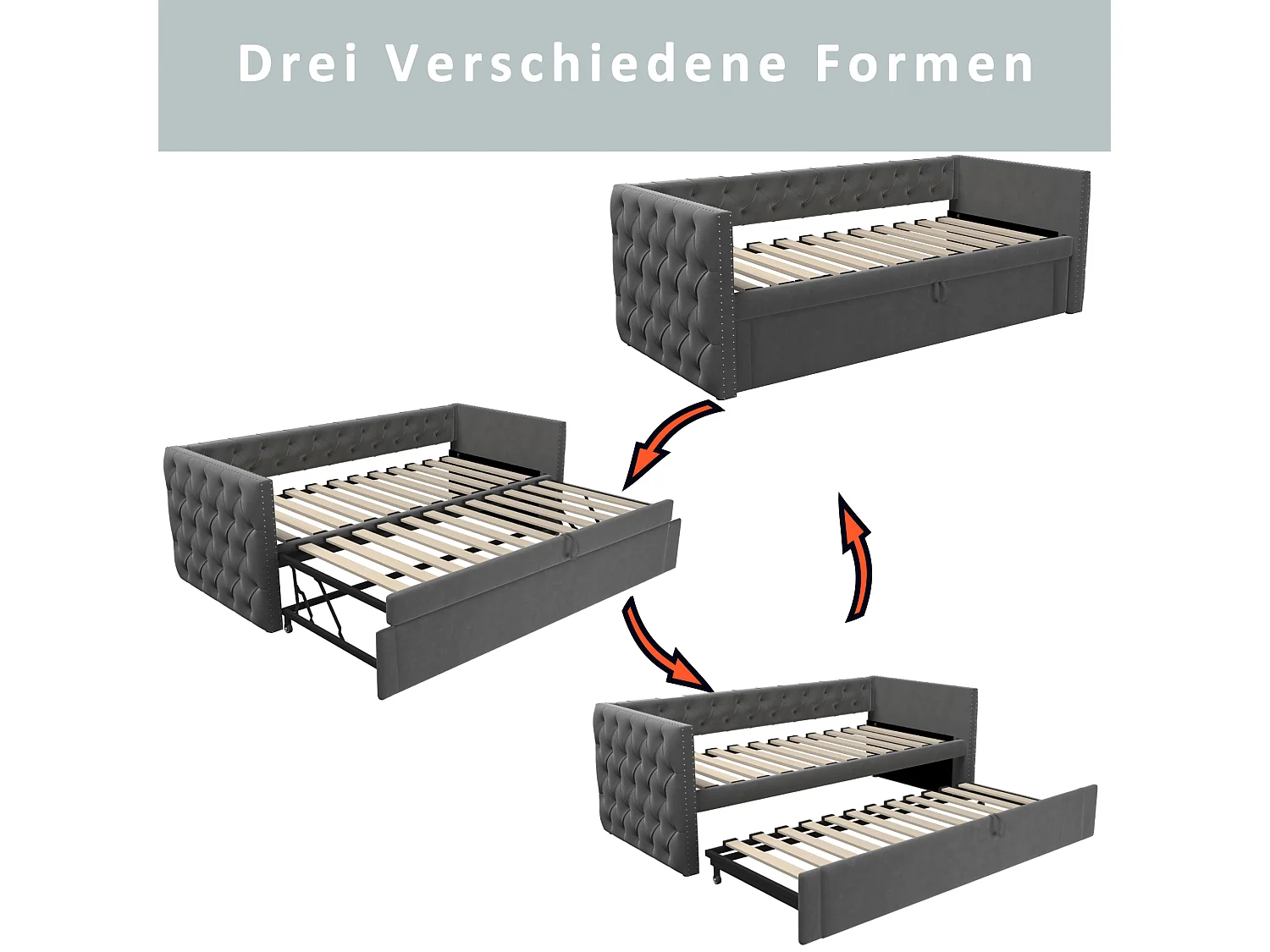 Lit banquette enfant 90x200 cm, lit gigogne en velours, sans matelas, gris foncé