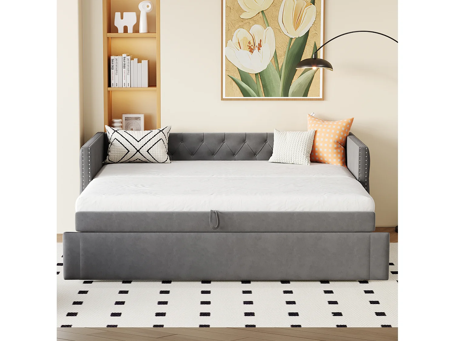 Lit banquette enfant 90x200 cm, lit gigogne en velours, sans matelas, gris foncé