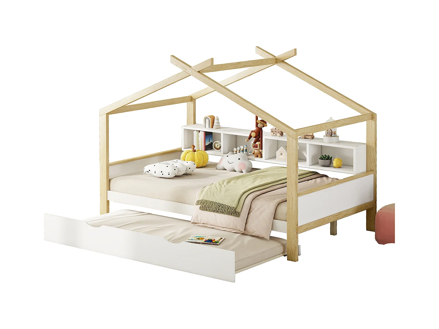 Letto a casetta per bambini 140x200 cm con letto estraibile 90x182 cm, 4 scomparti laterali per riporre, senza materasso, bianco