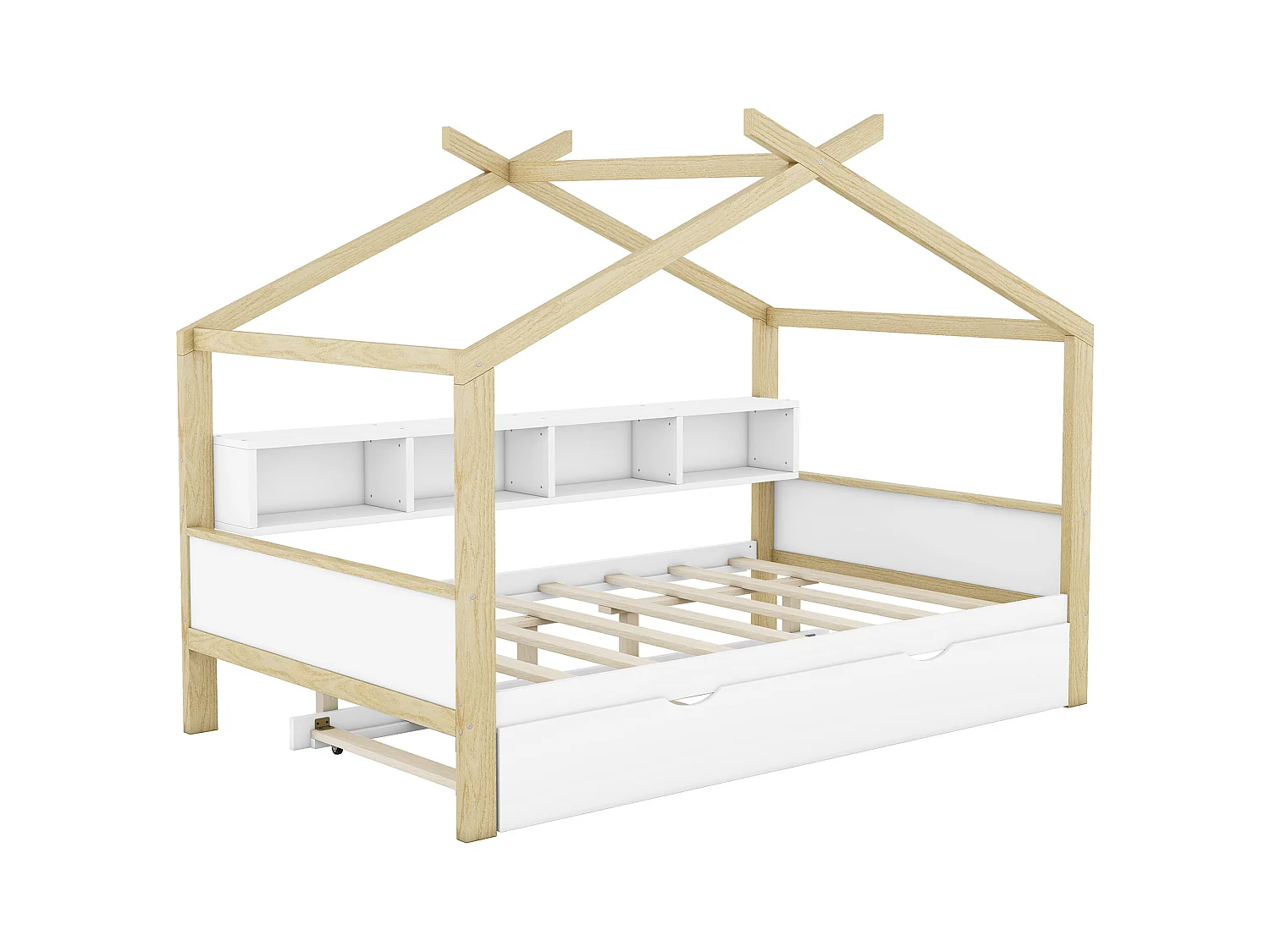 Letto a casetta per bambini 140x200 cm con letto estraibile 90x182 cm, 4 scomparti laterali per riporre, senza materasso, bianco