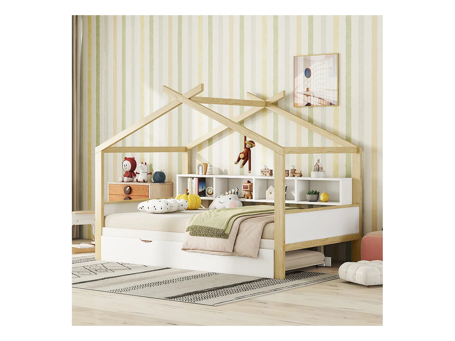 Lit cabane enfant 140x200cm avec lit gigogne 90x182cm, 4 rangements à côté du lit, sans matelas, blanc