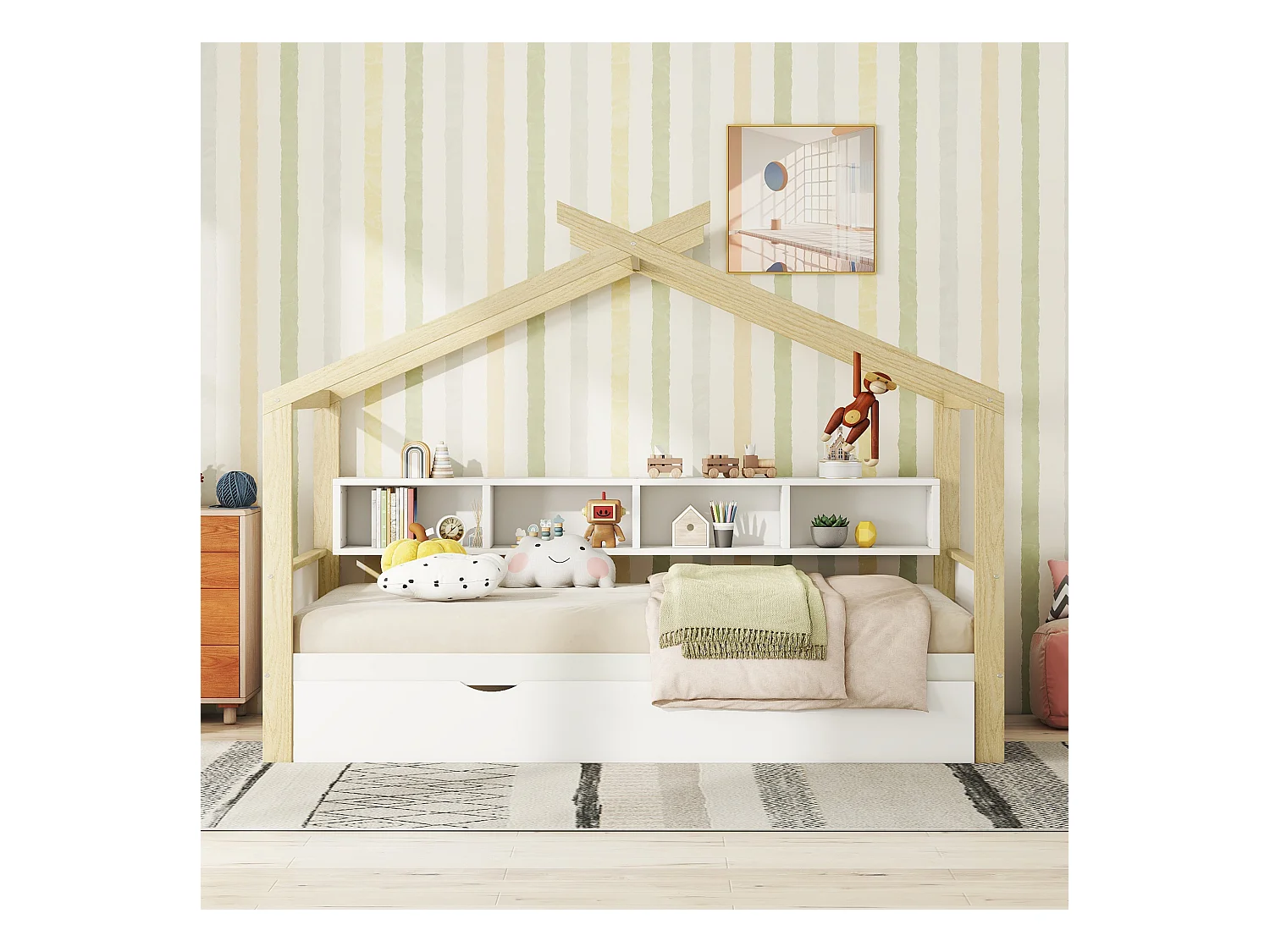 Lit cabane enfant 140x200cm avec lit gigogne 90x182cm, 4 rangements à côté du lit, sans matelas, blanc