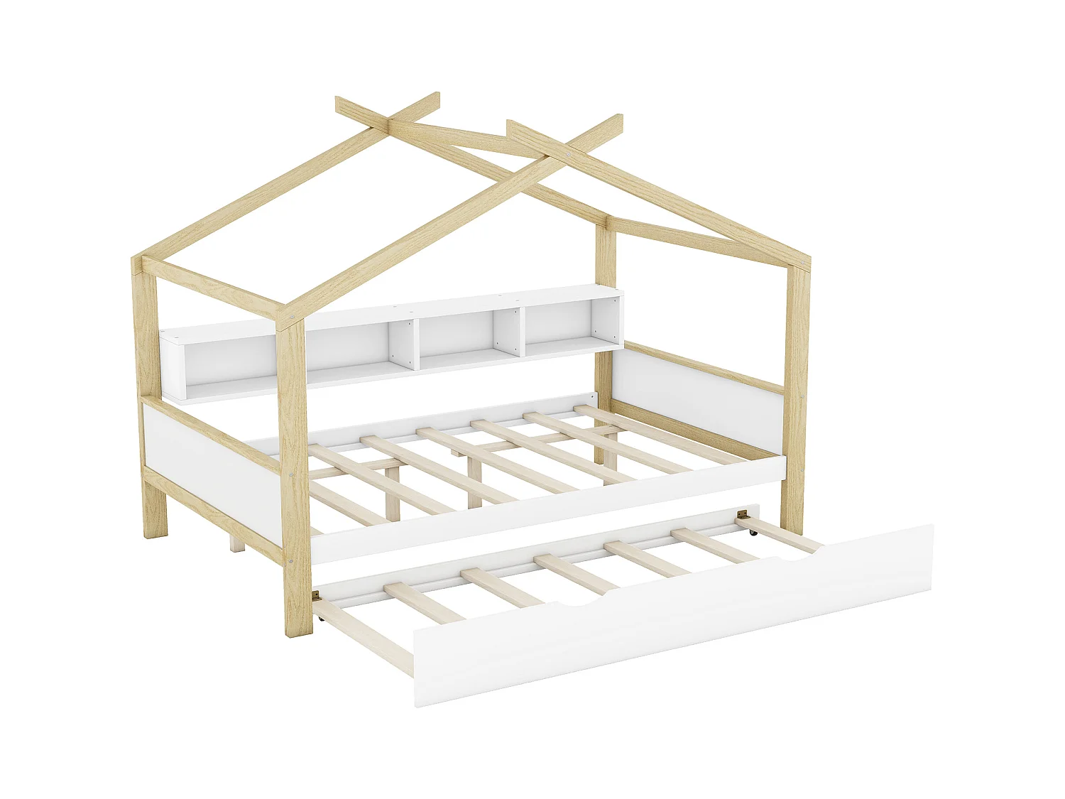 Lit cabane enfant 140x200cm avec lit gigogne 90x182cm, 4 rangements à côté du lit, sans matelas, blanc