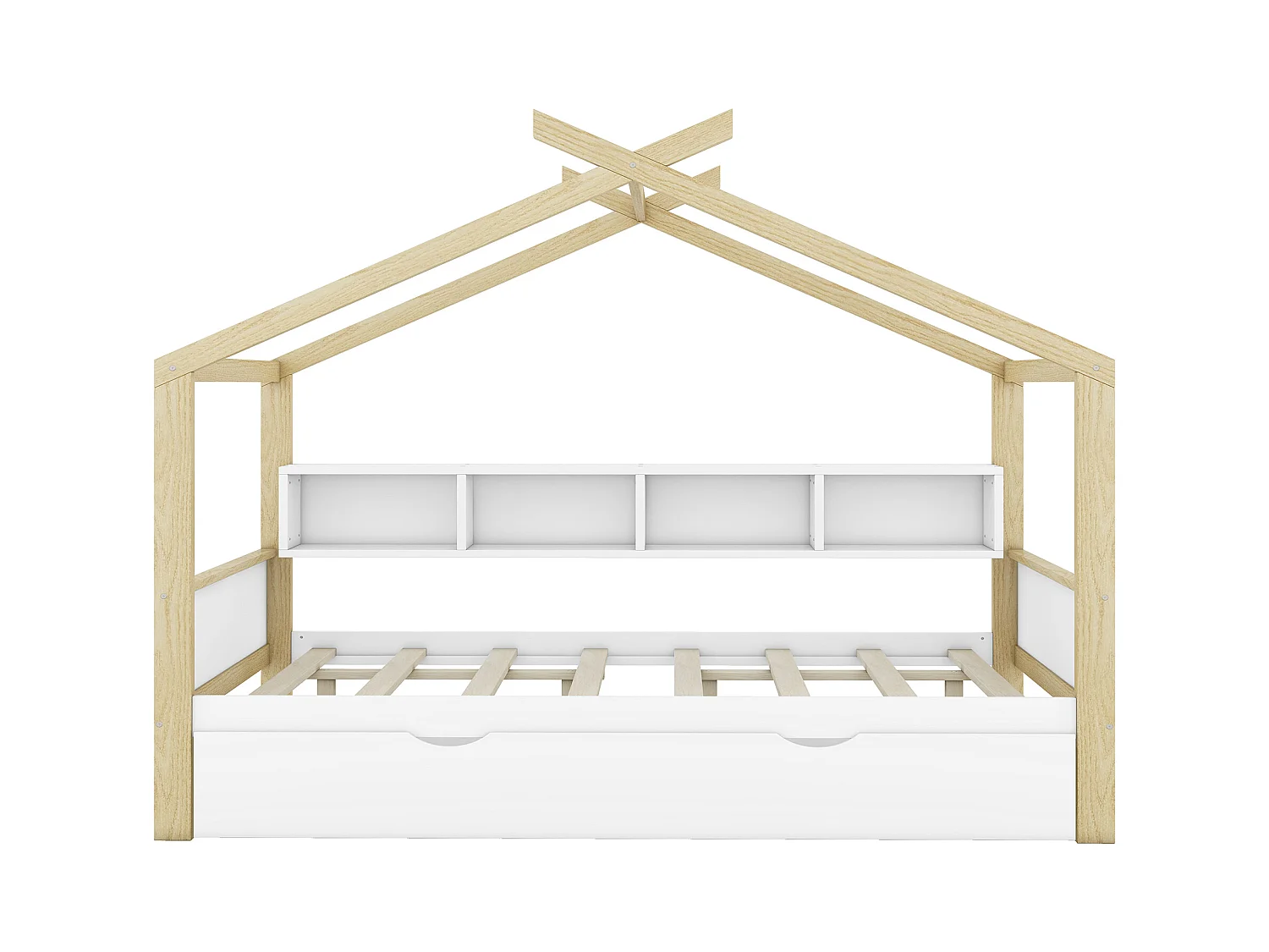 Lit cabane enfant 140x200cm avec lit gigogne 90x182cm, 4 rangements à côté du lit, sans matelas, blanc