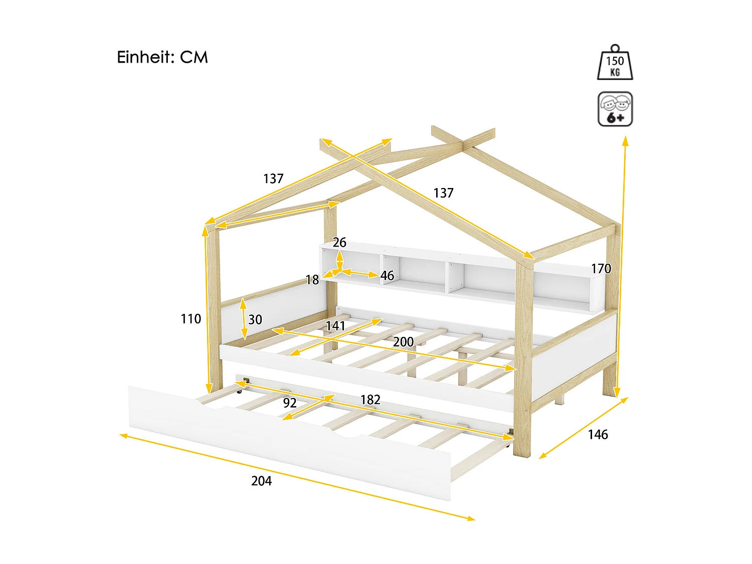 Lit cabane enfant 140x200cm avec lit gigogne 90x182cm, 4 rangements à côté du lit, sans matelas, blanc