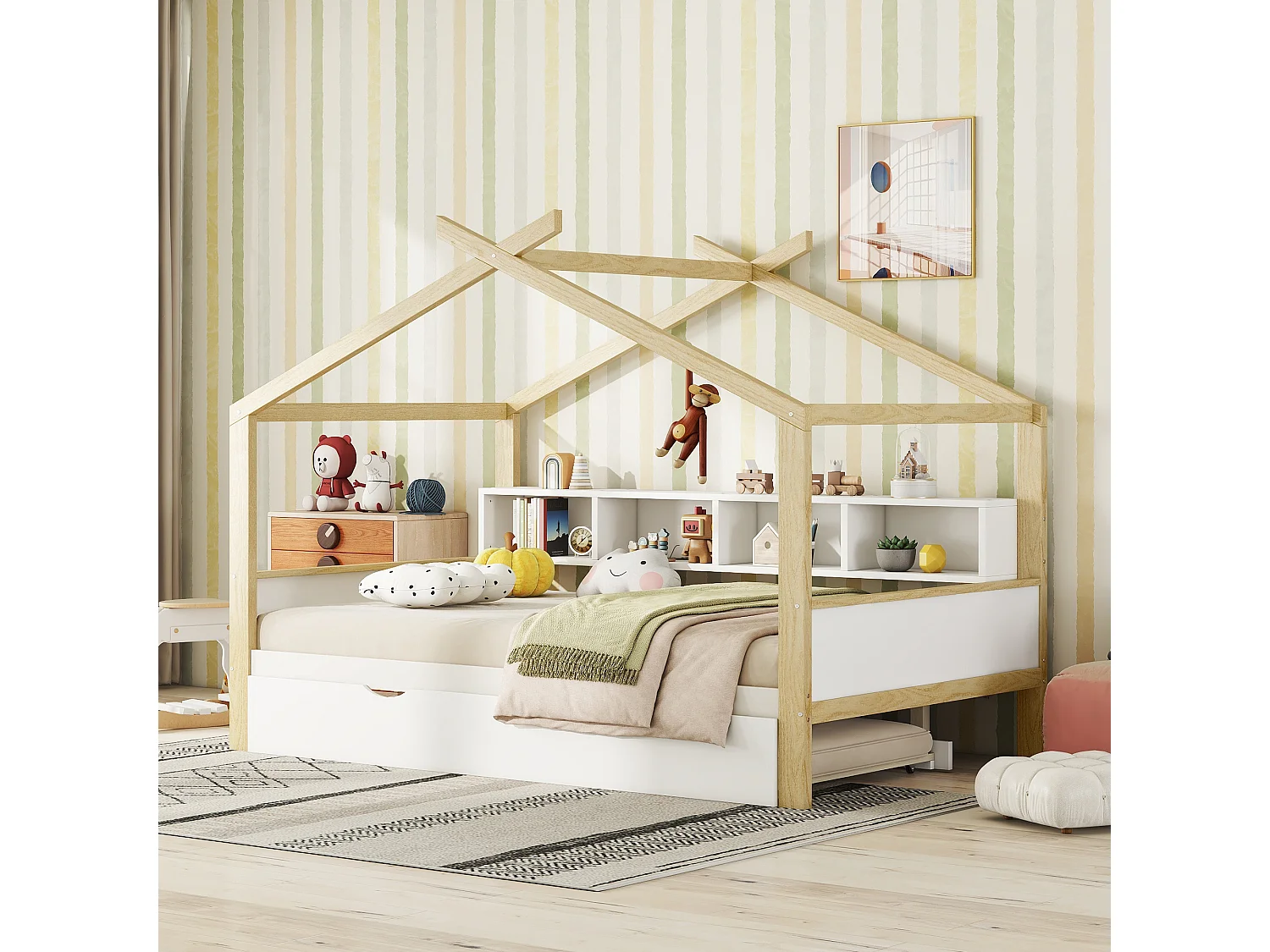 Lit cabane enfant 140x200cm avec lit gigogne 90x182cm, 4 rangements à côté du lit, sans matelas, blanc
