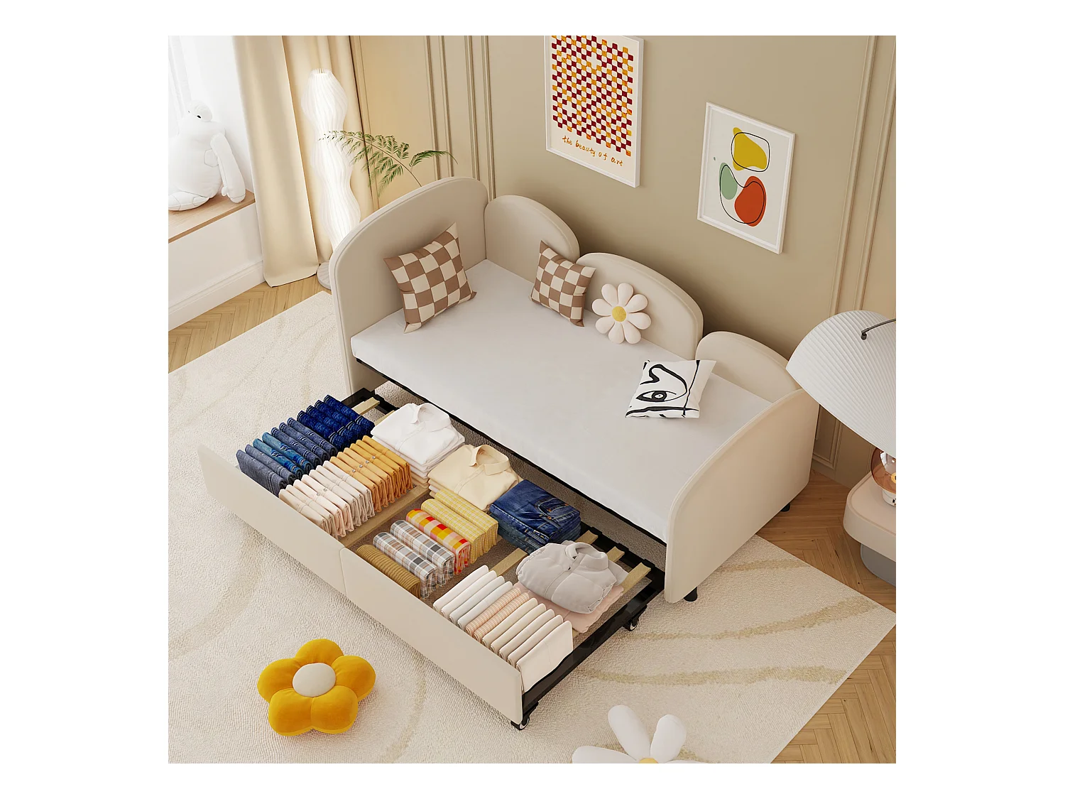 Lit enfant 90x200cm avec lit gigogne en velours, Sommier à lattes, sans matelas, beige