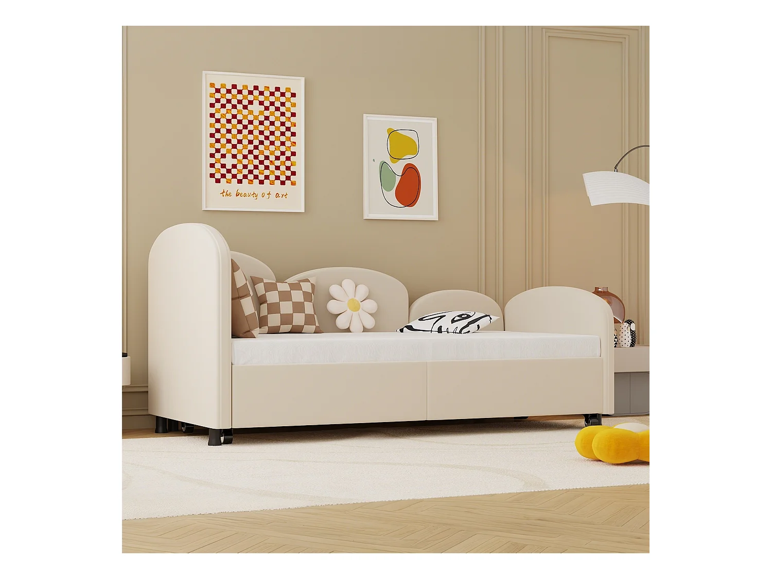 Lit enfant 90x200cm avec lit gigogne en velours, Sommier à lattes, sans matelas, beige