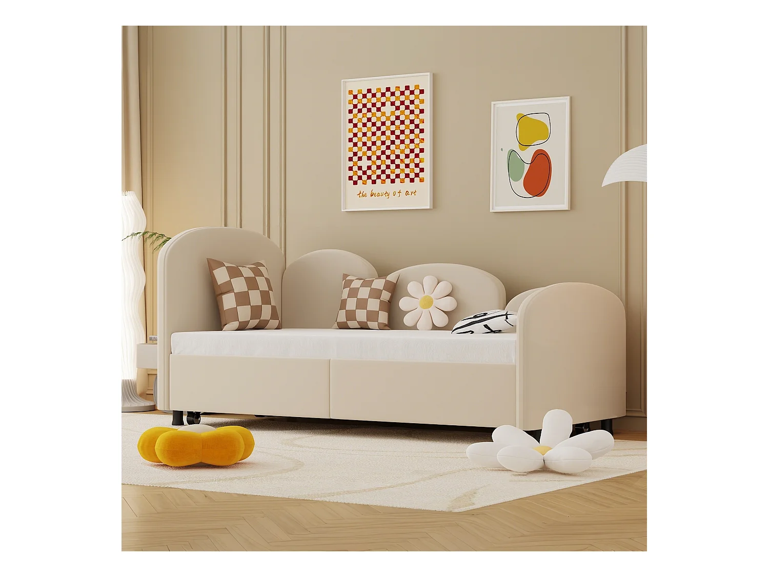 Lit enfant 90x200cm avec lit gigogne en velours, Sommier à lattes, sans matelas, beige