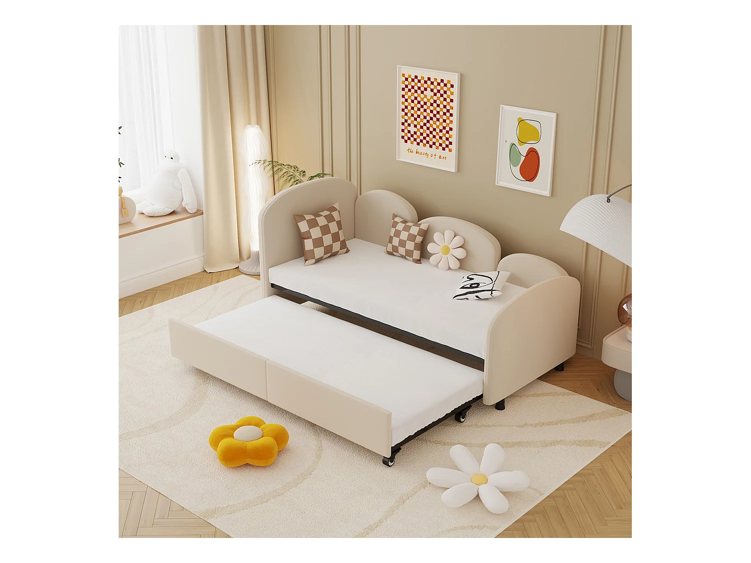 Lit enfant 90x200cm avec lit gigogne en velours, Sommier à lattes, sans matelas, beige