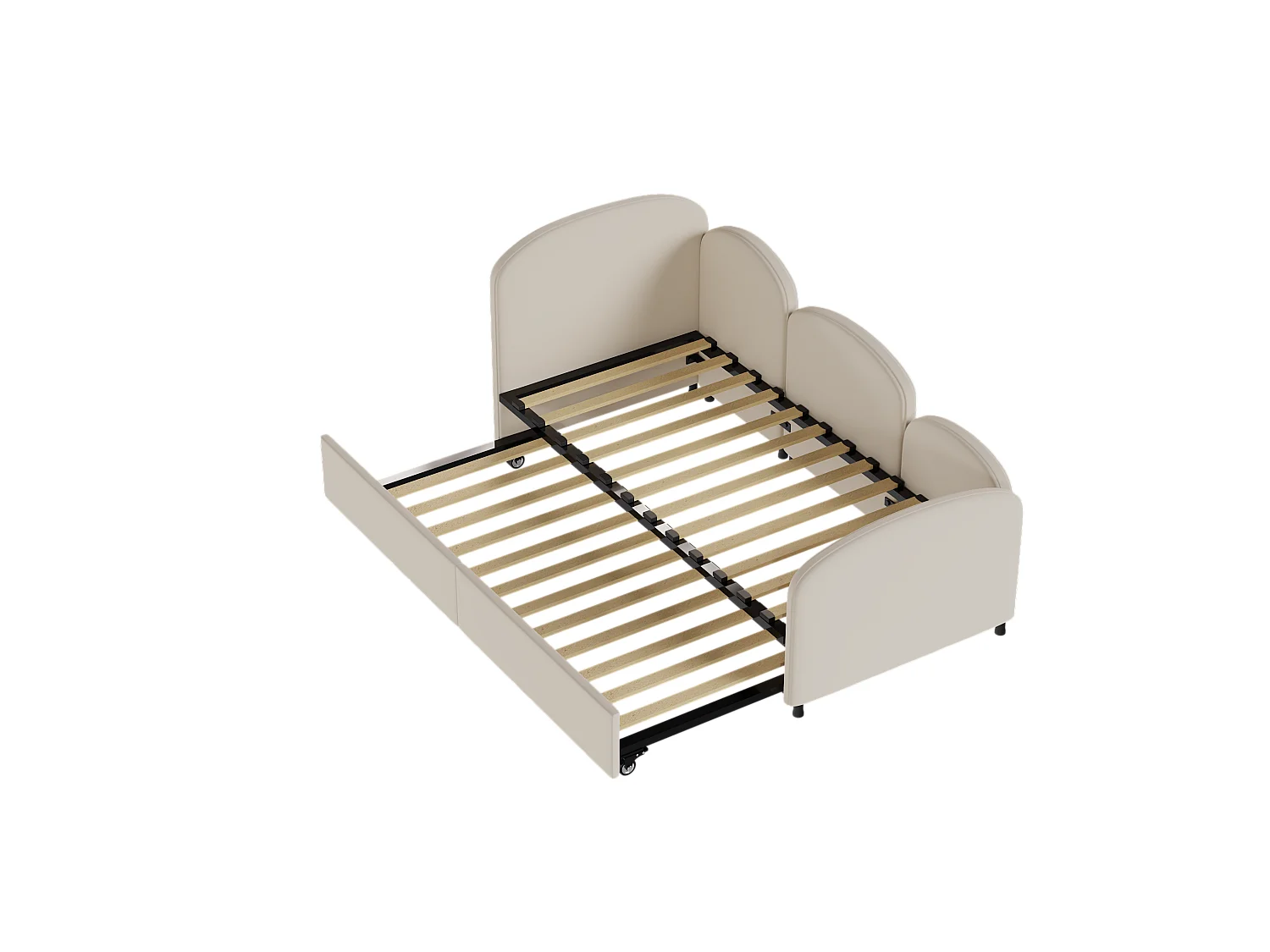 Lit enfant 90x200cm avec lit gigogne en velours, Sommier à lattes, sans matelas, beige