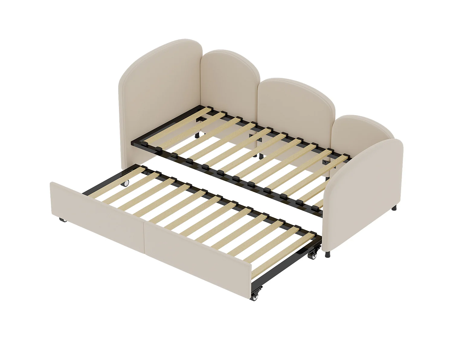 Lit enfant 90x200cm avec lit gigogne en velours, Sommier à lattes, sans matelas, beige