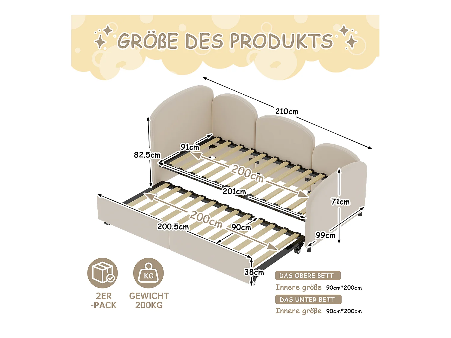 Lit enfant 90x200cm avec lit gigogne en velours, Sommier à lattes, sans matelas, beige