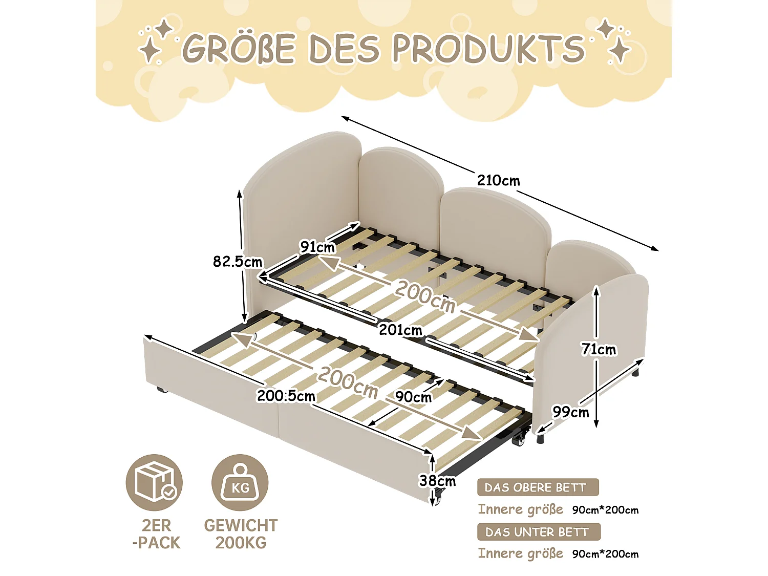 Lit enfant 90x200cm avec lit gigogne en velours, Sommier à lattes, sans matelas, beige