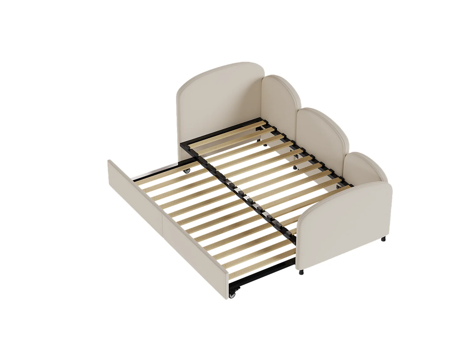 Lit enfant 90x200cm avec lit gigogne en velours, Sommier à lattes, sans matelas, beige