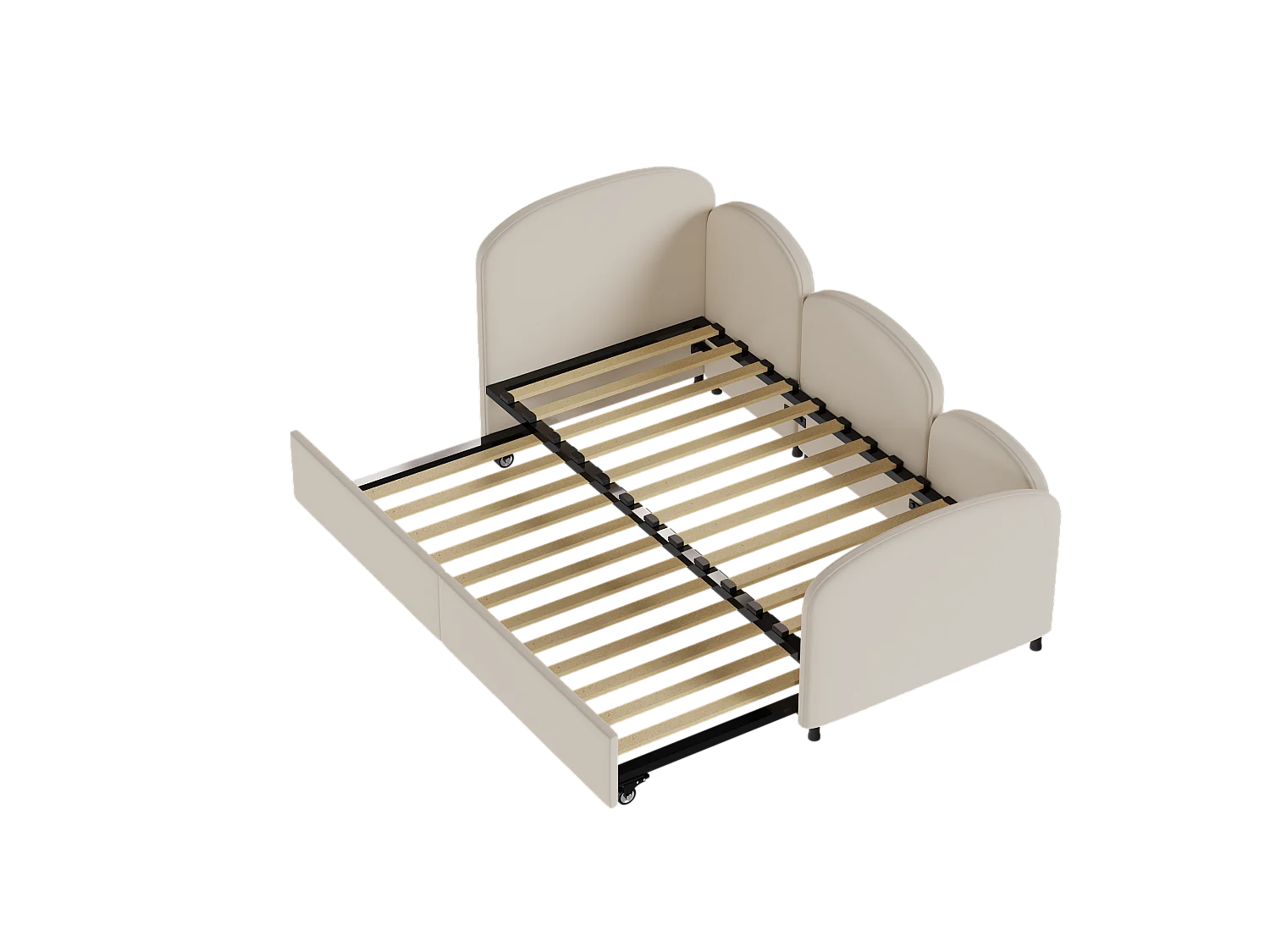 Lit enfant 90x200cm avec lit gigogne en velours, Sommier à lattes, sans matelas, beige