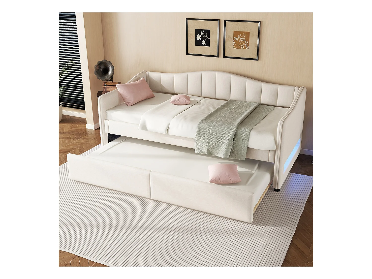 Lit enfant 90x200 cm beige avec LED, lit adulte en lin avec lit gigogne, sans matelas