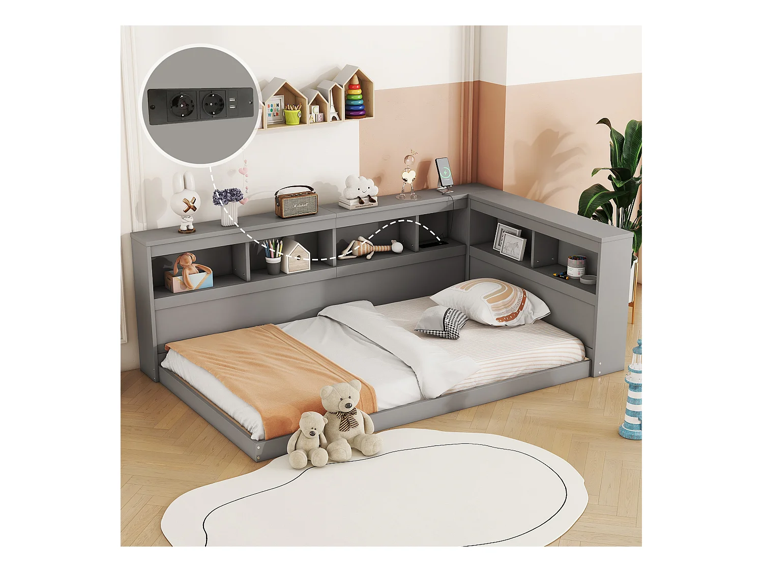 Lit enfant 90x200 cm gris avec prise USB et compartiment de rangement, sans matelas