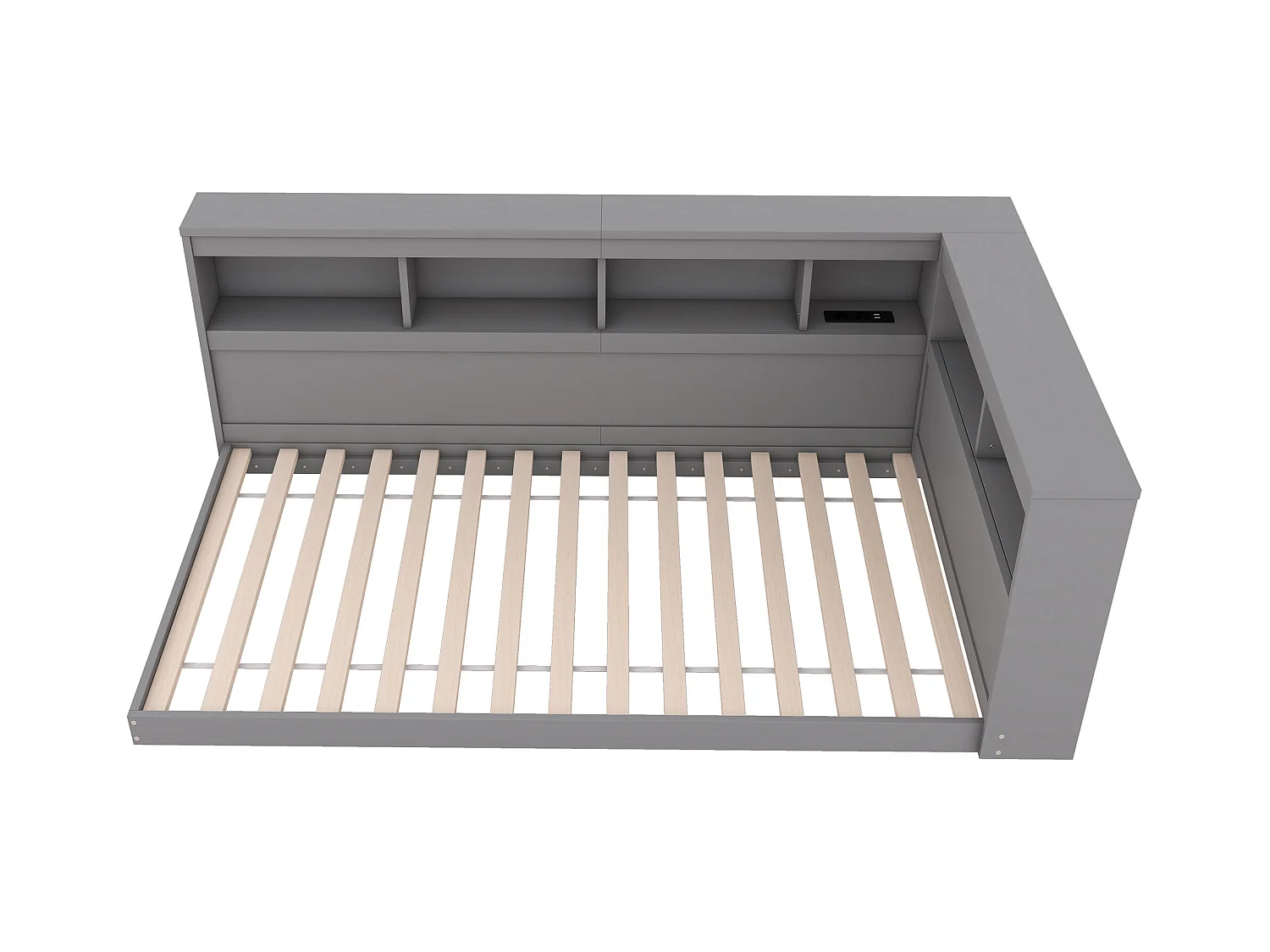 Lit enfant 90x200 cm gris avec prise USB et compartiment de rangement, sans matelas