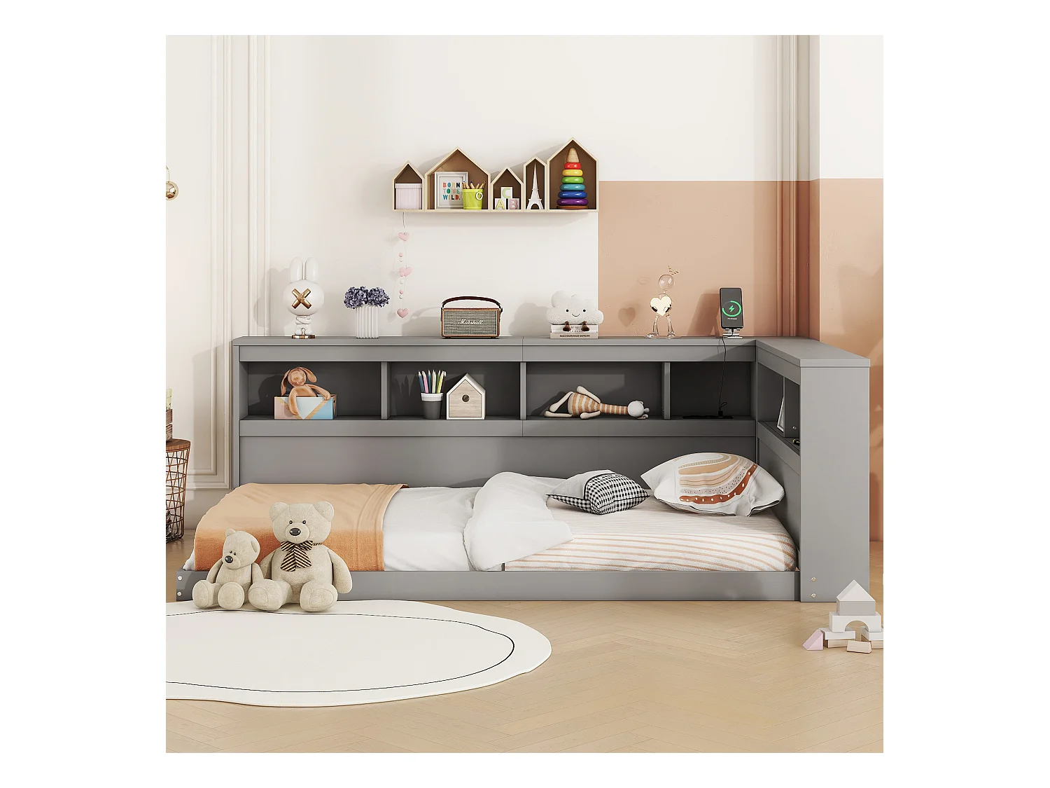 Lit enfant 90x200 cm gris avec prise USB et compartiment de rangement, sans matelas