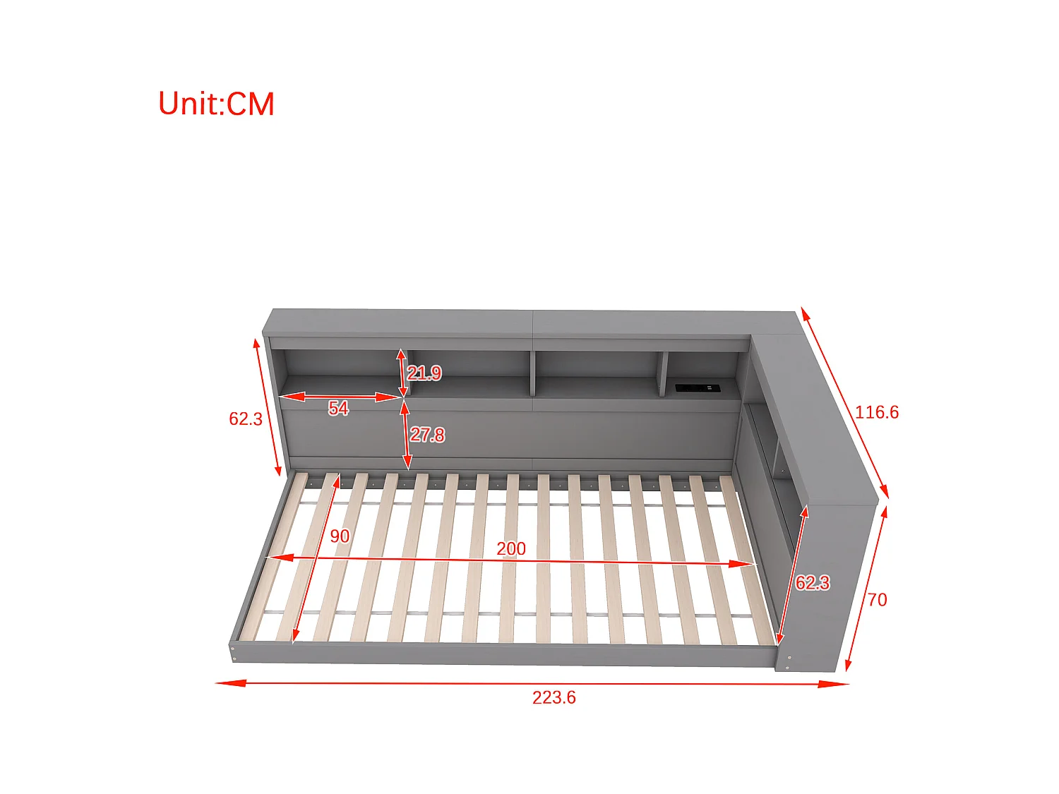 Lit enfant 90x200 cm gris avec prise USB et compartiment de rangement, sans matelas