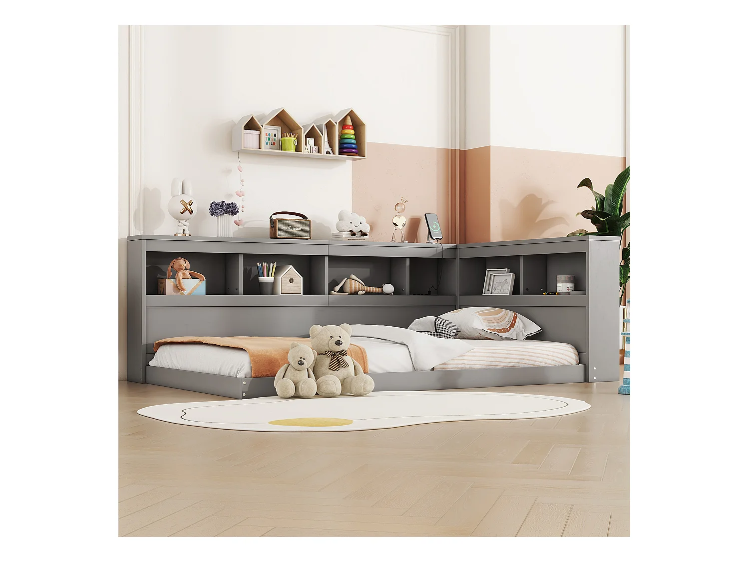 Lit enfant 90x200 cm gris avec prise USB et compartiment de rangement, sans matelas