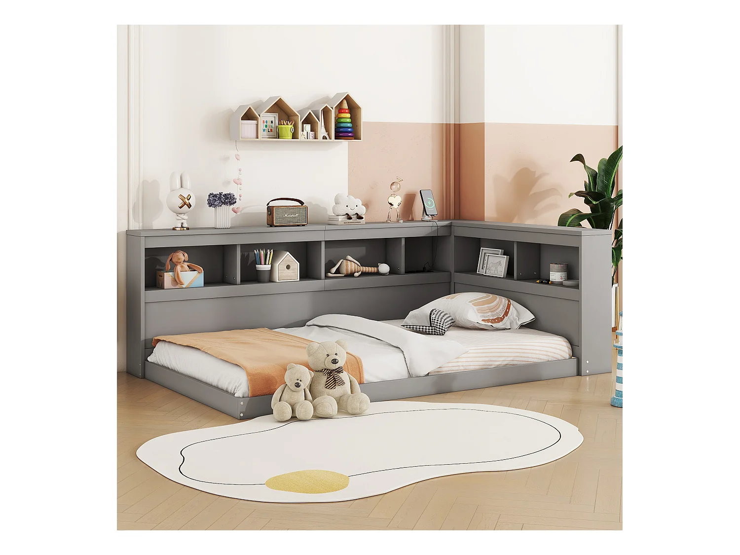 Lit enfant 90x200 cm gris avec prise USB et compartiment de rangement, sans matelas