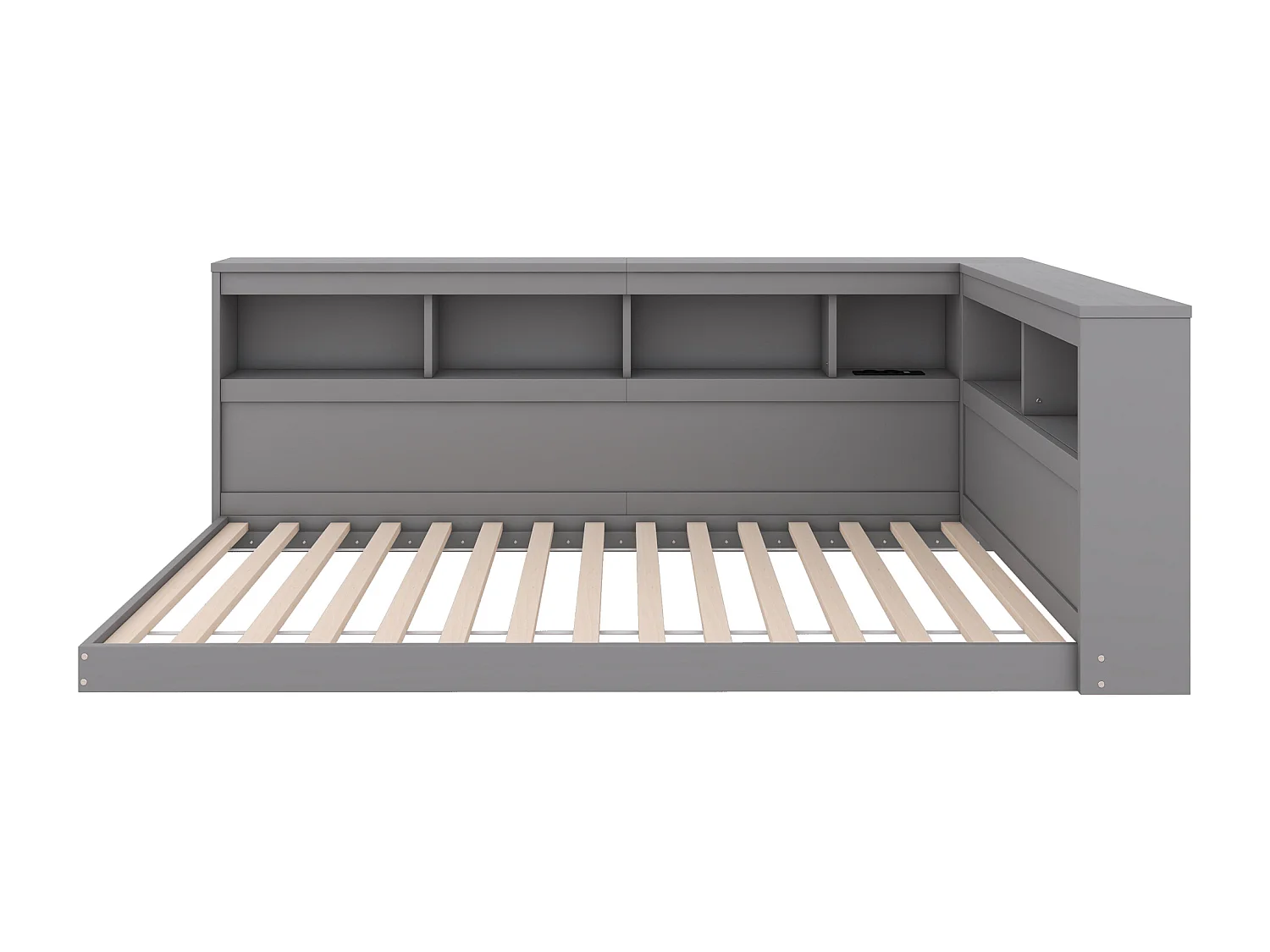 Lit enfant 90x200 cm gris avec prise USB et compartiment de rangement, sans matelas