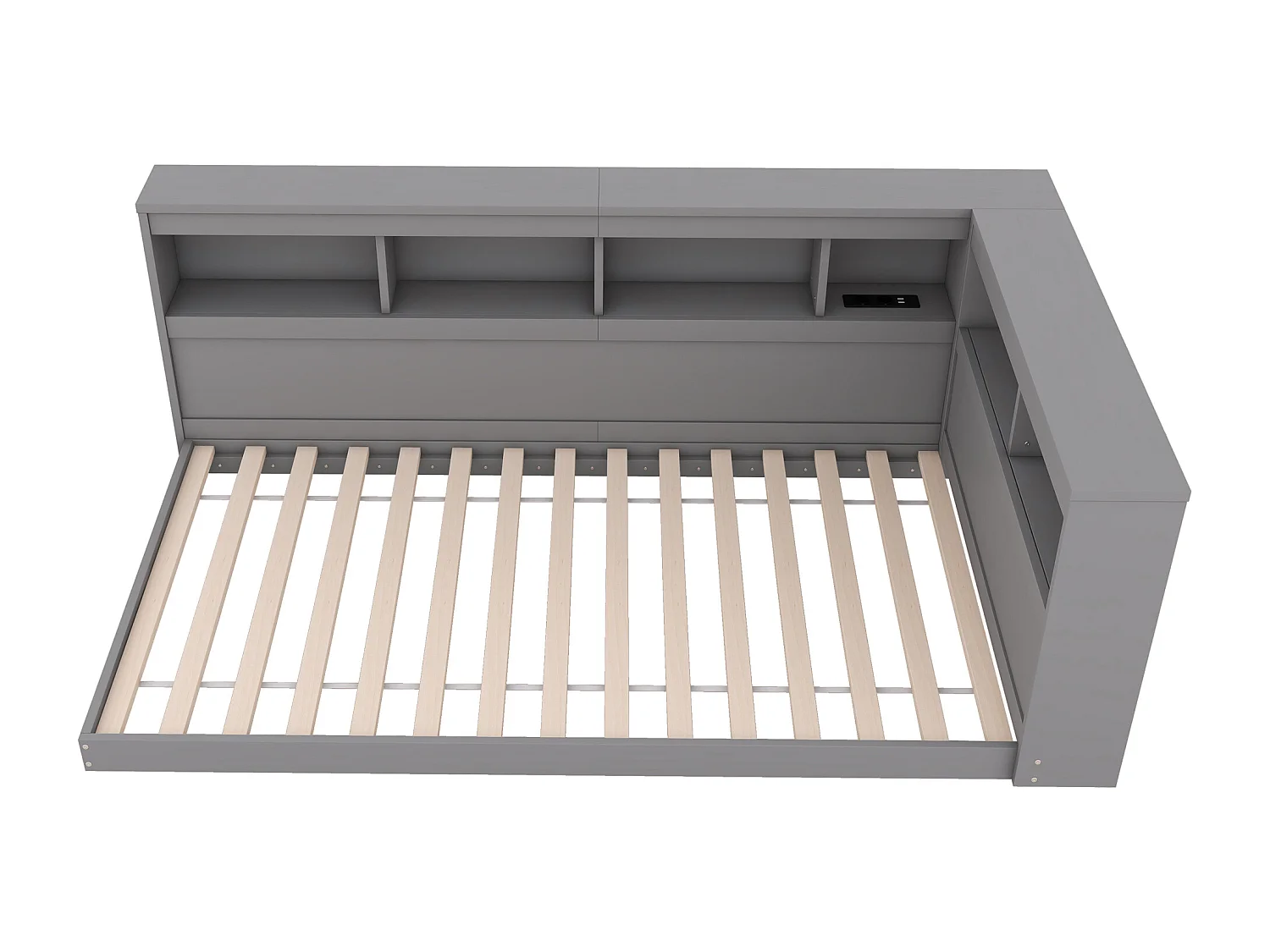 Lit enfant 90x200 cm gris avec prise USB et compartiment de rangement, sans matelas