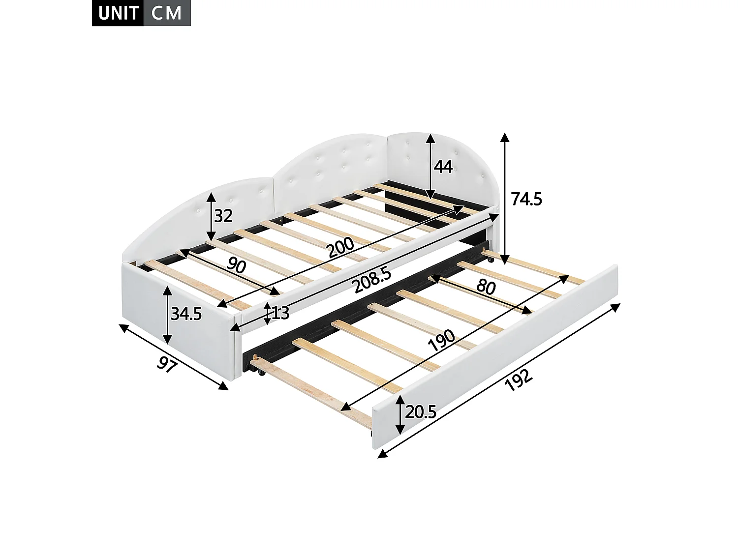 Cama infantil 90x200cm com bicama 80x190cm em PU, estrado de ripas, sem colchão, branco