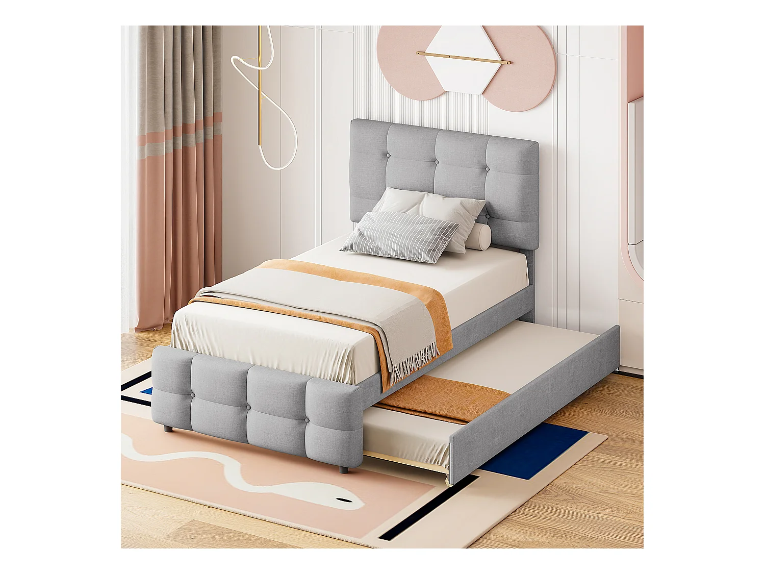 Lit enfant rembourré 90x200 cm en lin avec lit gigogne 90x188cm, tête de lit réglable, gris, sans matelas