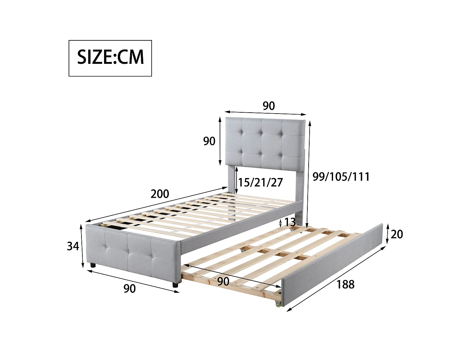 Lit enfant rembourré 90x200 cm en lin avec lit gigogne 90x188cm, tête de lit réglable, gris, sans matelas